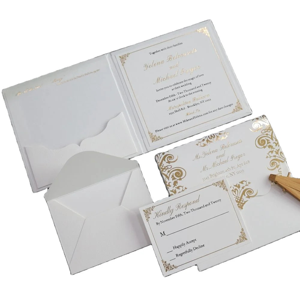 15*15cm Luxury White Ink Printing and Embossing Booklet Wedding Invitation Card with Custom Envelope