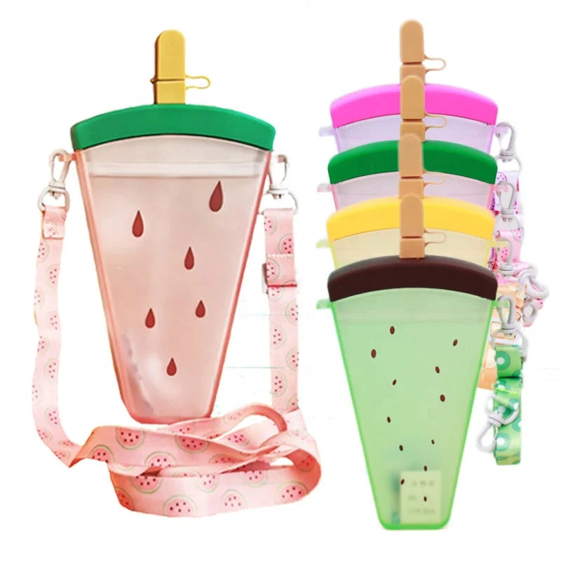 2022 Creative Cute Plastic Drink Cup with Straws & Strings Ice Cream Popsicle Shape Straw Cup