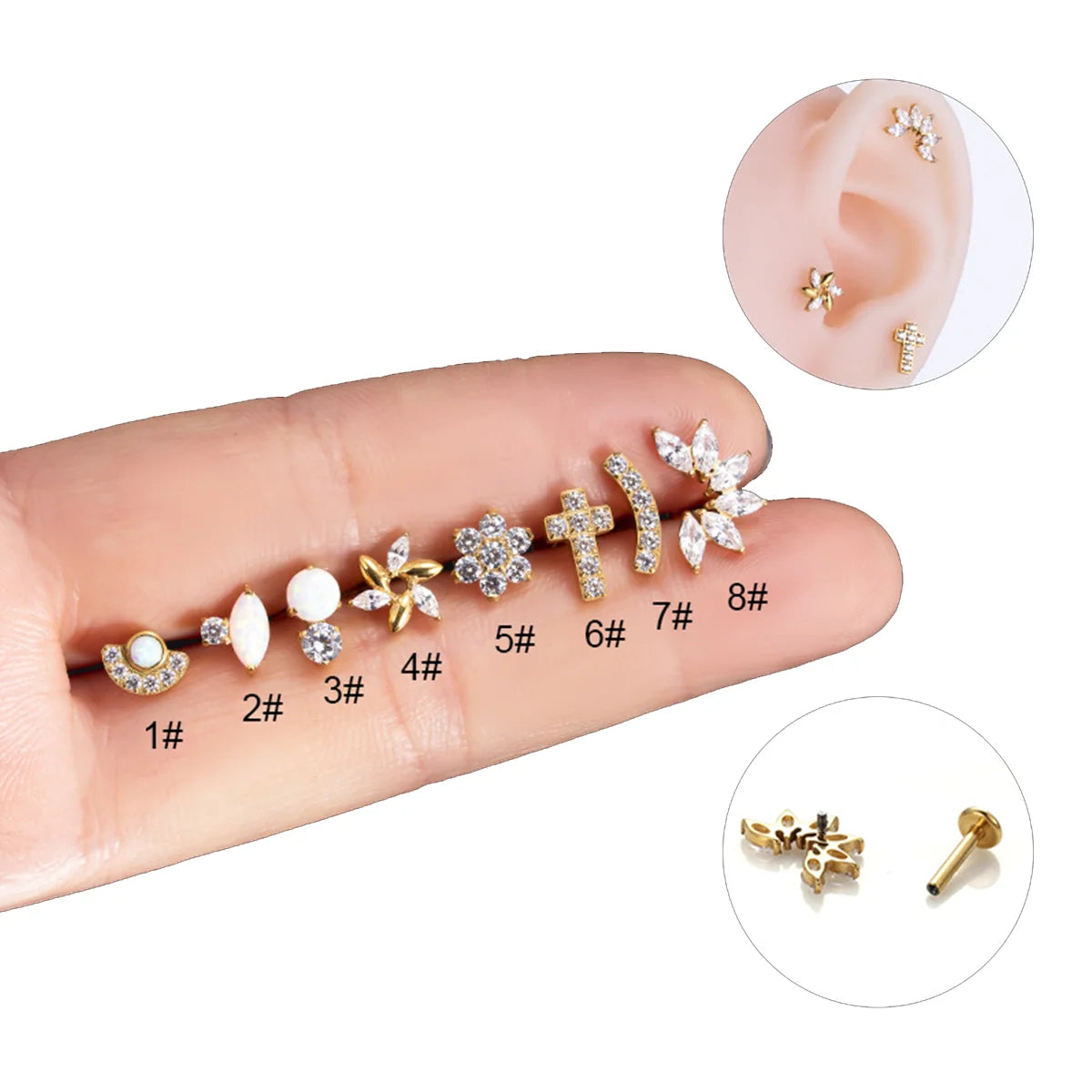 ASTM F136 Hypoallergenic Earrings Flat Back Tragus Cartilage Helix Studs with CZ Cross G23 Zircon Main Stone