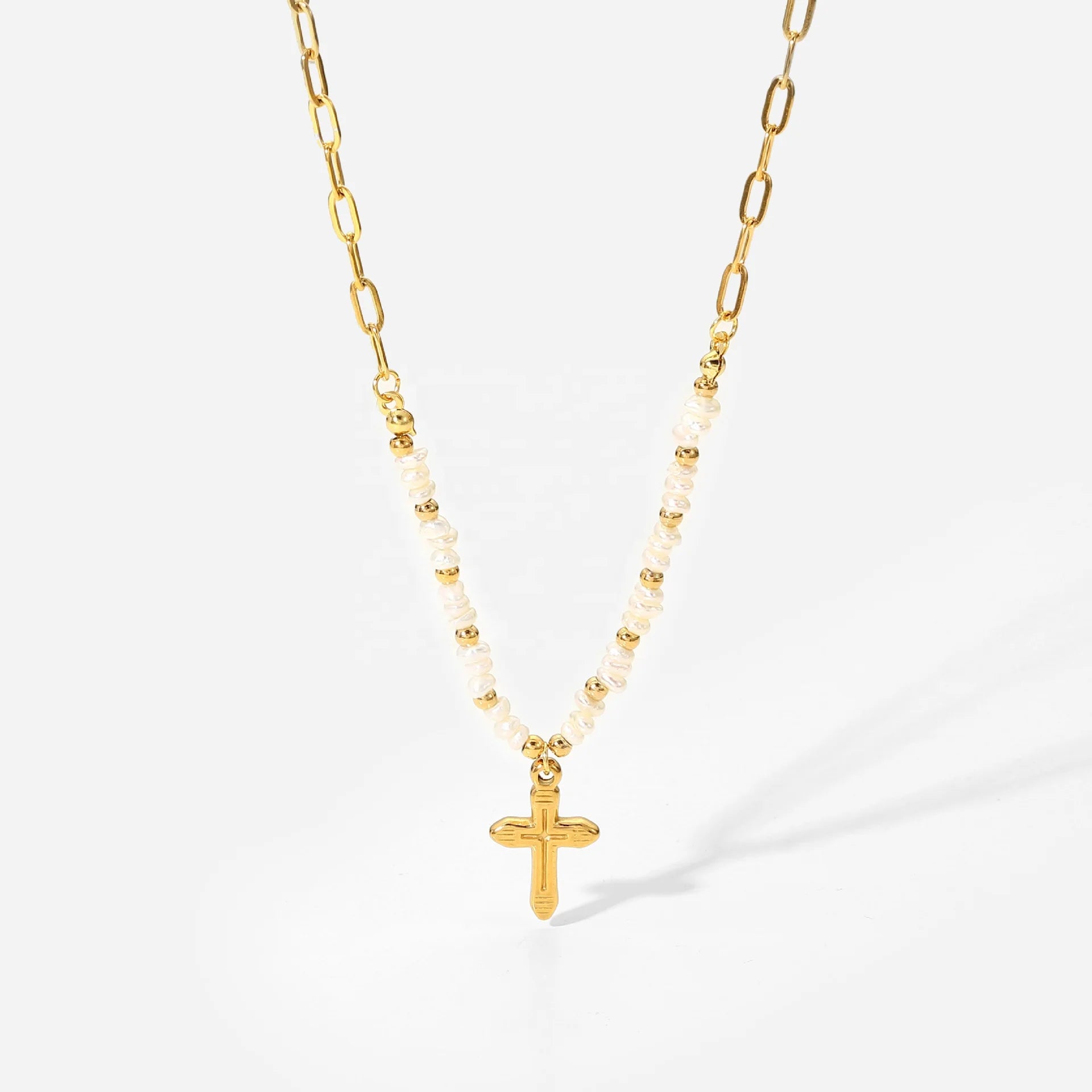 Stainless Steel 18K Gold Plated Cross Pearl Patchwork Link Chain Necklace for Women-Wedding Engagement Gift