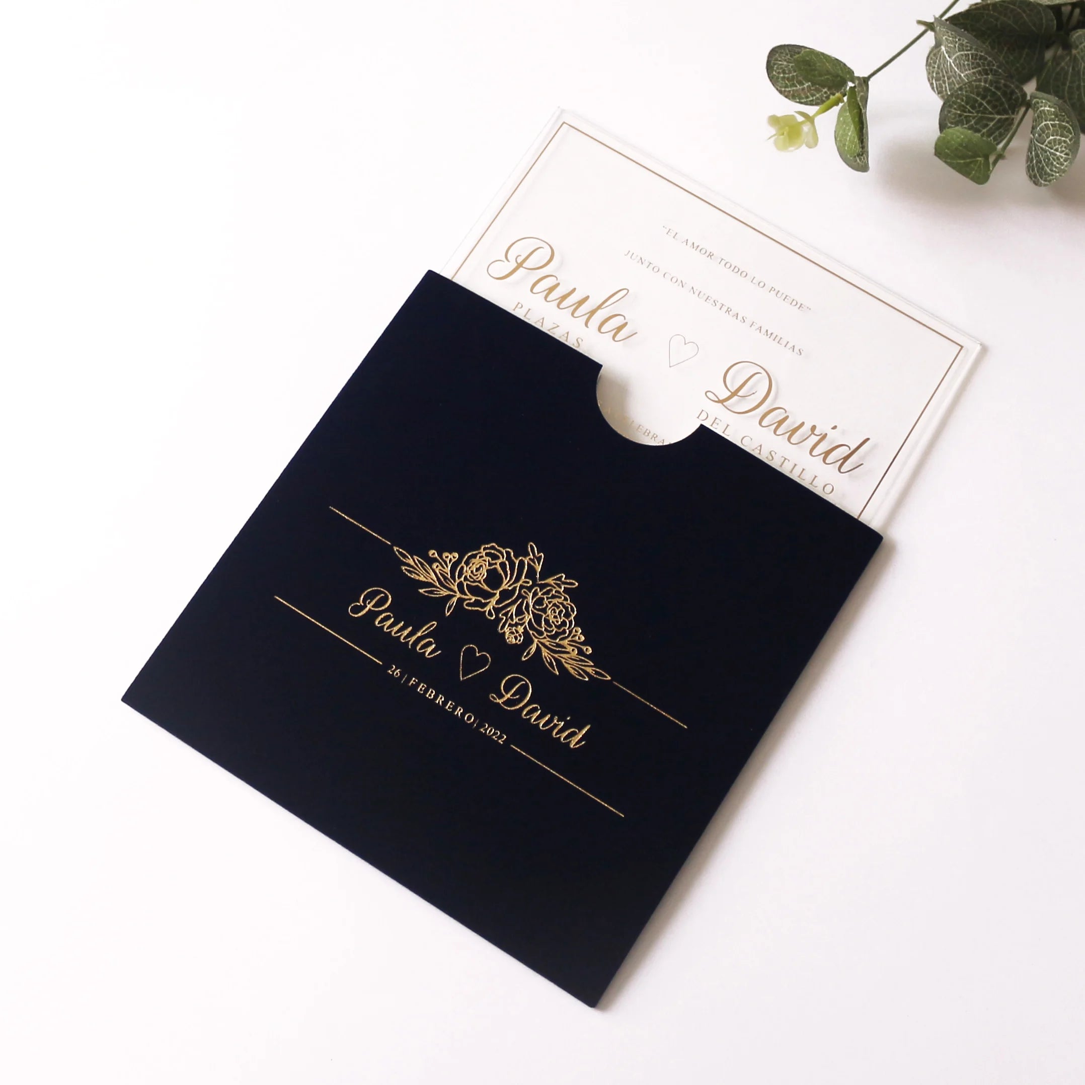 Personalized Navy Velvet Envelope Pocket Marriage Clear Acrylic Wedding Card Invitation for Quinceanera