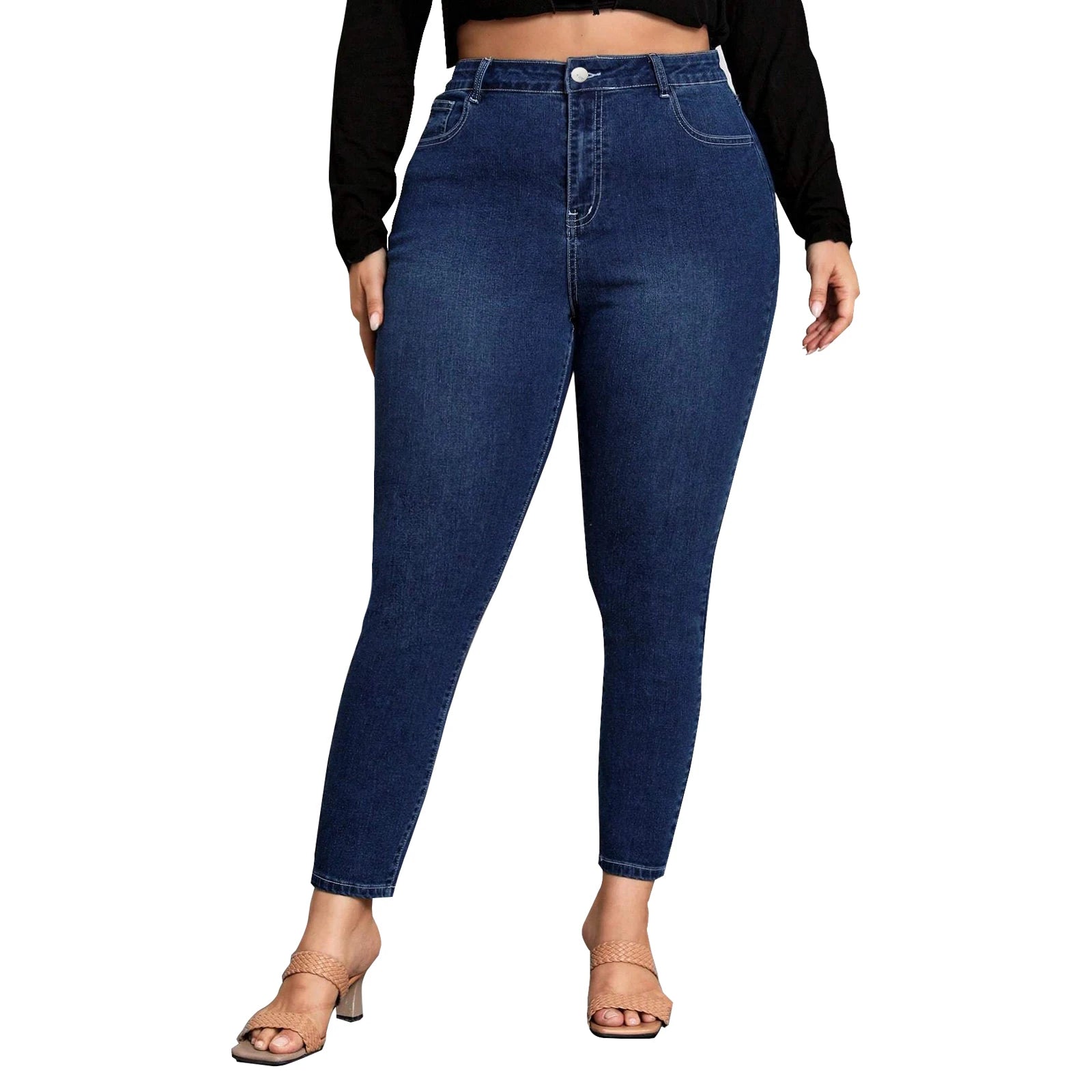 Wholesale Custom Dark Blue Plus Size Women's Skinny Jeans Elastic Stretch Denim Pants in Solid Color Pencil Pants Style