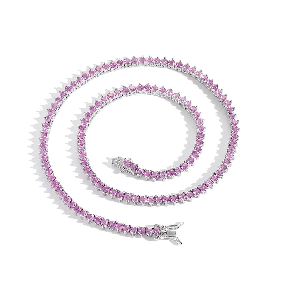 Purple Zircon Brass Tennis Chain 1 Row 3mm 16\" 18\" Hip Hop Bling Jewelry Gold Heart Shape Necklace Fine Pendant Necklaces