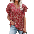 S-3XL Summer Women's New V-neck Floral Pleated Shirt Casual Short-sleeve Floral Blouse