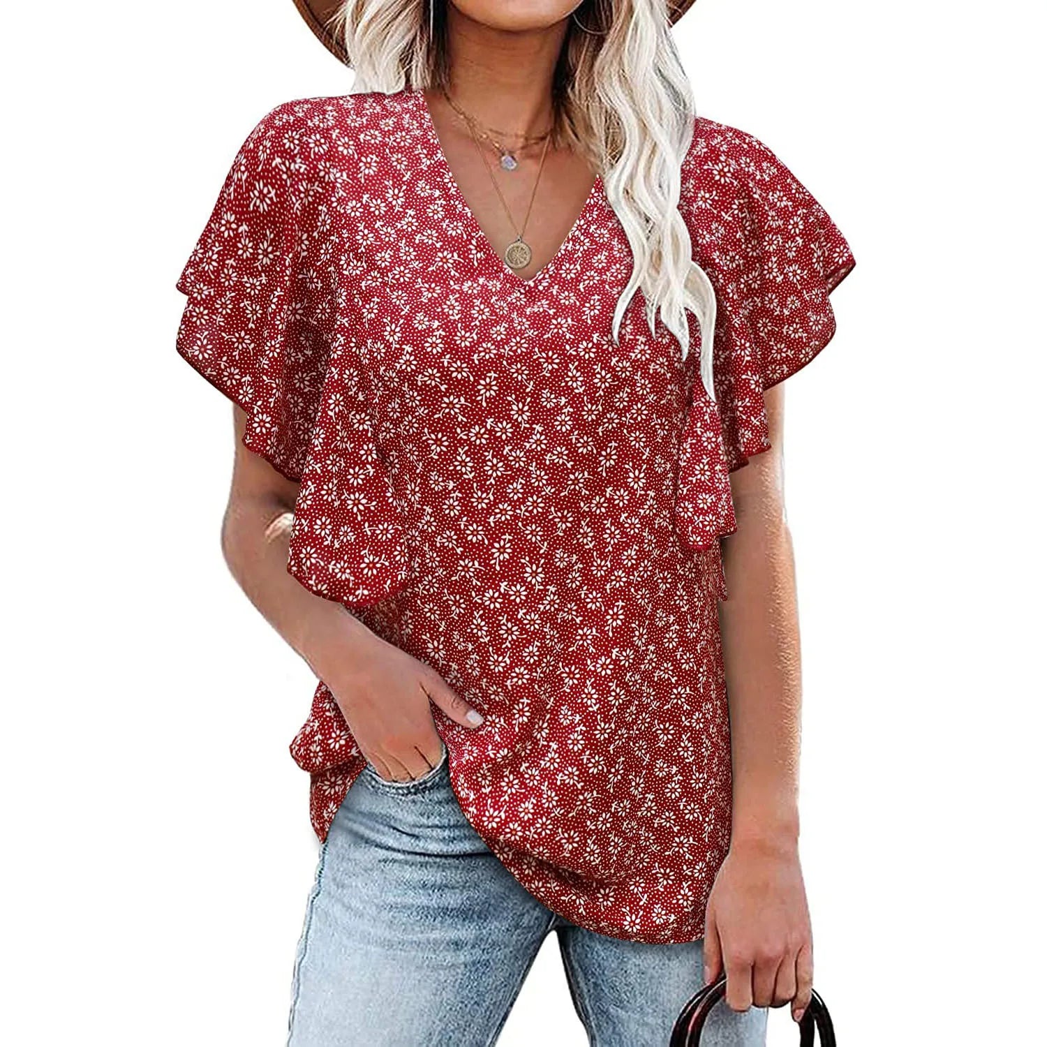 S-3XL Summer Women's New V-neck Floral Pleated Shirt Casual Short-sleeve Floral Blouse
