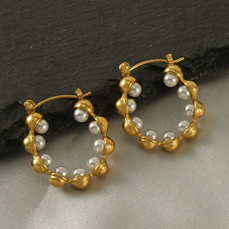 Nabest Korean Women 18K Gold Plated Huggie Earring Waterproof Titanium Steel Pearls Hoops Earrings Fashion Jewelry