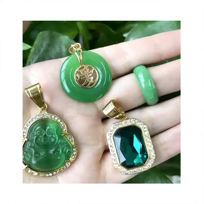 Popular Green Jade Jewelry Green Stone Ring and Necklace Pendant Jewelry Sets