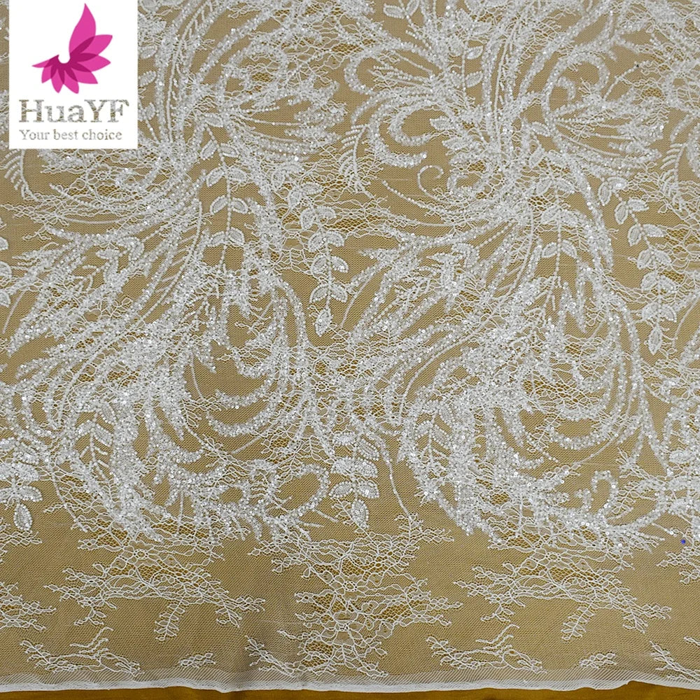 HY2410 Hot Sale Chantilly White Beaded Sequins Lace Tulle Wedding Bridal Dress Mesh Fabric