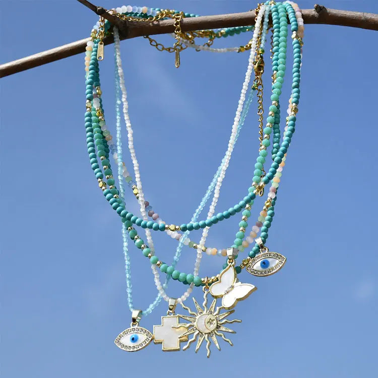 SC Fashion Stackable Butterfly Sun Cross Evil Eyes Pendant Necklace Luxury Real Turquoise Crystal Beads Choker Necklace Women