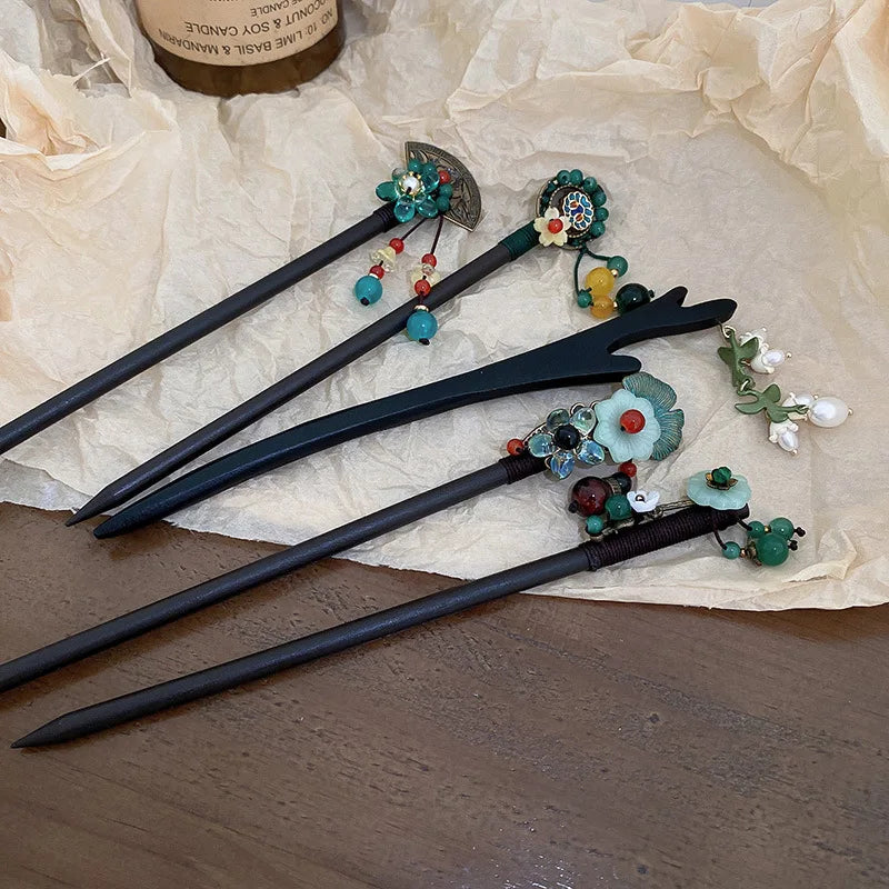 Chinese Retro Style Peach Wood Carved Hairpin Handmade Jade Flower Pearl Hair Stick Hairpin Hair Styling Tools Hair Accessories
