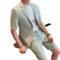 Fashion Mint White Short Sleeve Casual Suit Jacket British Shorts Two-piece Set for Men's Summer Thin Waffle Suit Set