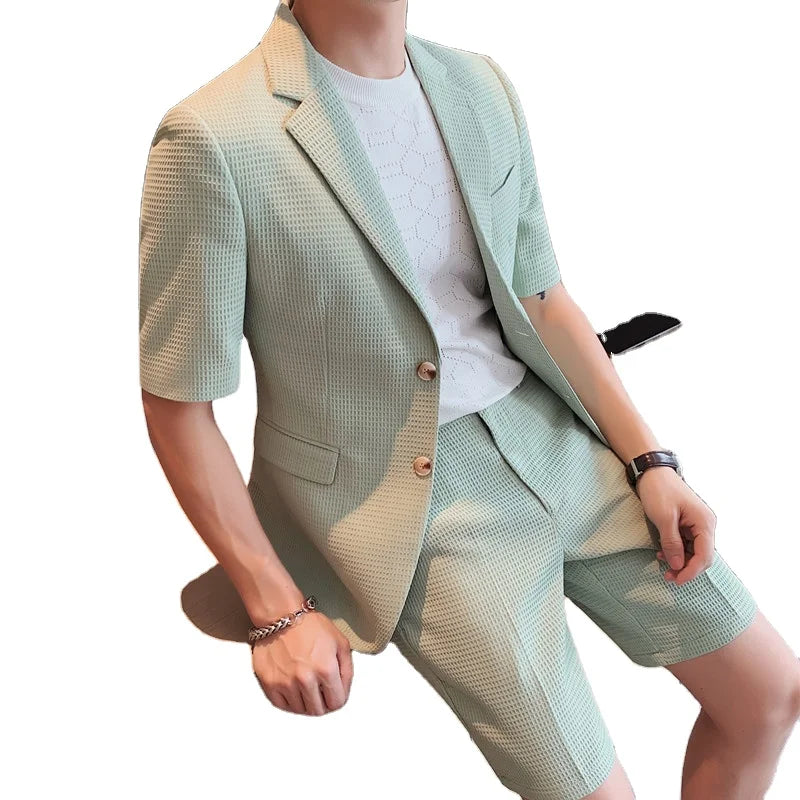 Fashion Mint White Short Sleeve Casual Suit Jacket British Shorts Two-piece Set for Men's Summer Thin Waffle Suit Set