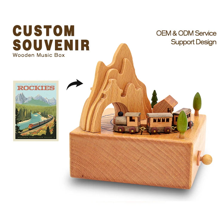 New Stock Vintage 11cm Wooden Roller Coaster Small Train Castle in the Sky Music Box Home Decorations for Presents