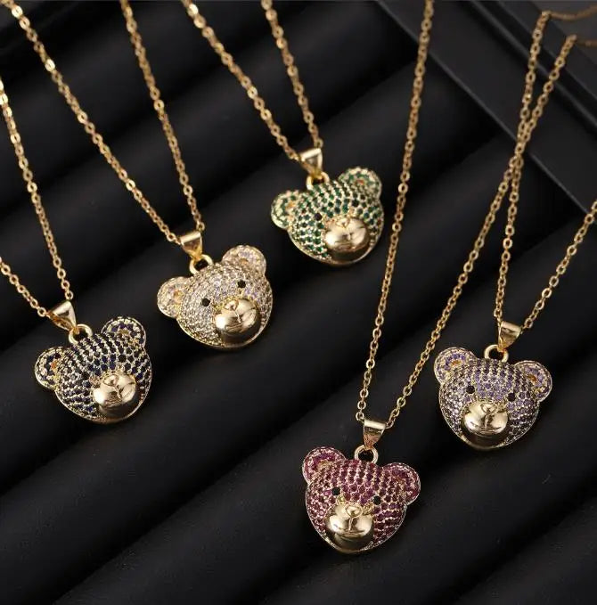 Micro-encrusted Diamond Cute Bear Pendant Necklace Women's Fashion Gold-plated Collarbone Chain Animal Pendant Necklace