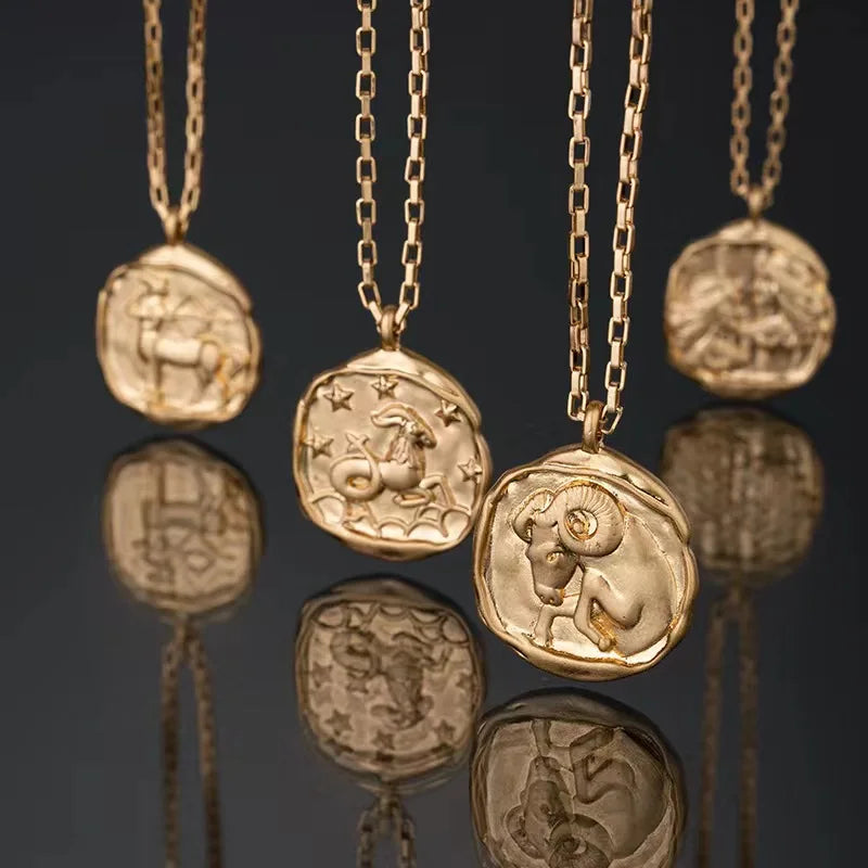 In Stocks Stainless Steel 12 Zodiac Sign Necklace Zirconia Oval Metal Pendant 18K Real Gold Plated Horoscope Necklaces Hot New