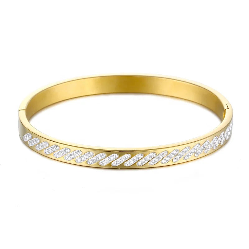 Women Jewellery Wholesale Custom Stainless Steel 18K Gold Plated Paved CZ Stone Cuff Bangles Bracelet