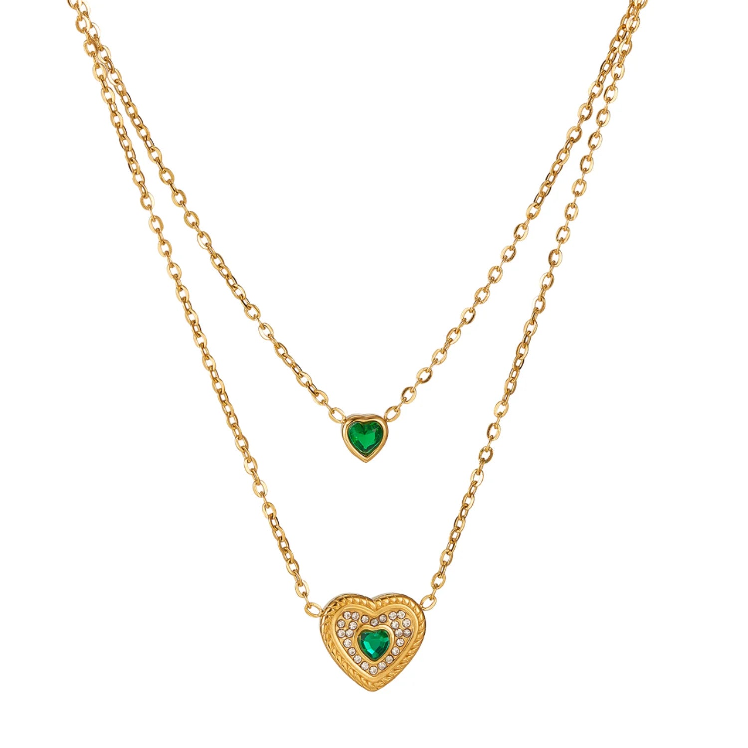 Luxury Minimalist Layered Jewelry Boho Double Layer Stainless Steel Waterproof Emerald Heart Necklaces for Women Accessories