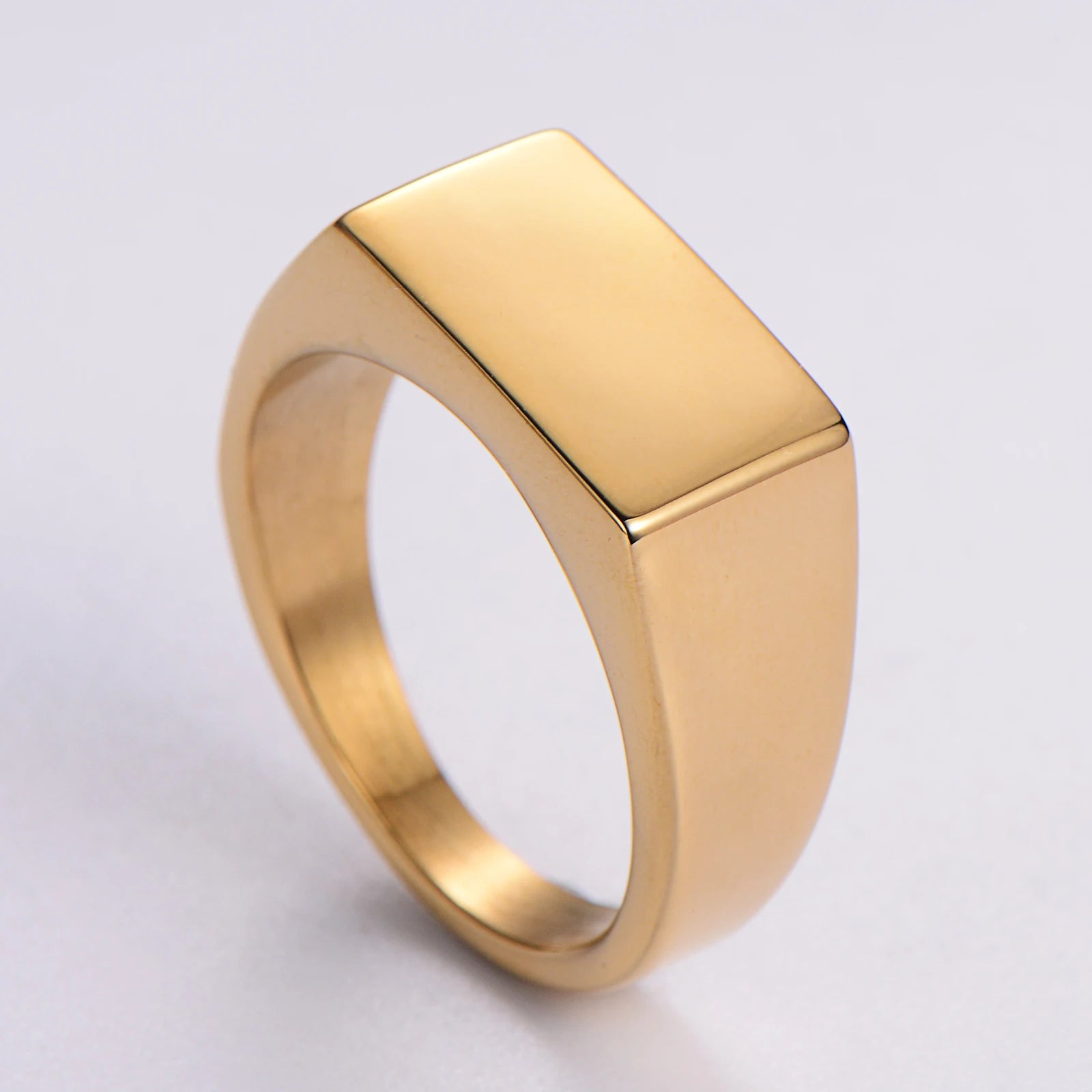 Custom High Polished Finish 18k Gold Plated Stainless Steel Rectangle Blank Signet Rings for Women Men
