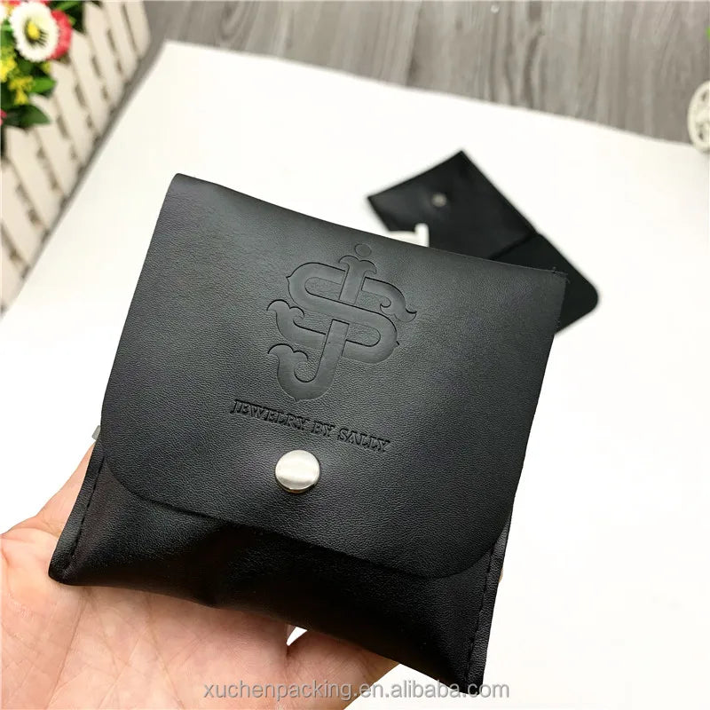 Wholesale Embossed Logo Black Vegan Leather Jewelry Pouch With Button