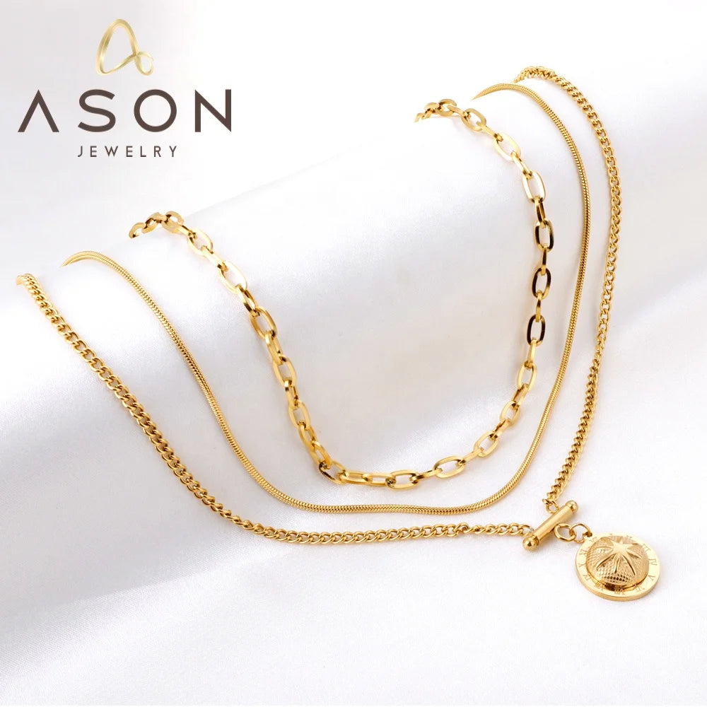 Ason Fashion Waterproof Stainless Steel Multilayer Necklace Lucky Star Arabic Numerals Round Pendant Three Chains Necklace