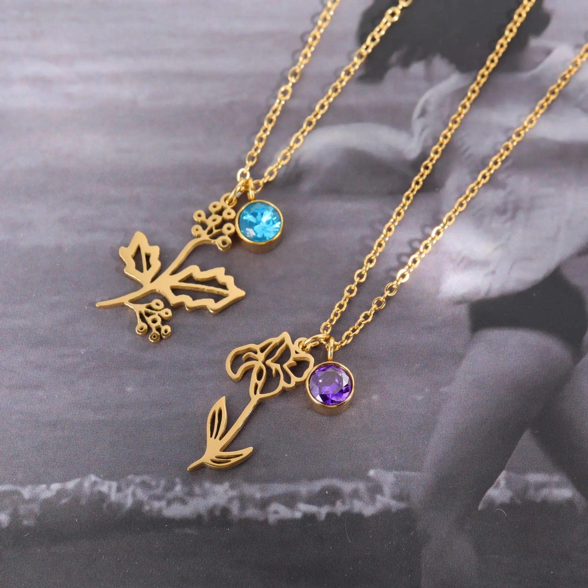 New Arrival 12 Months Birth Flower Necklace Stainless Steel Zircon CZ Birth Flower Pendant Necklace for Mother's Day