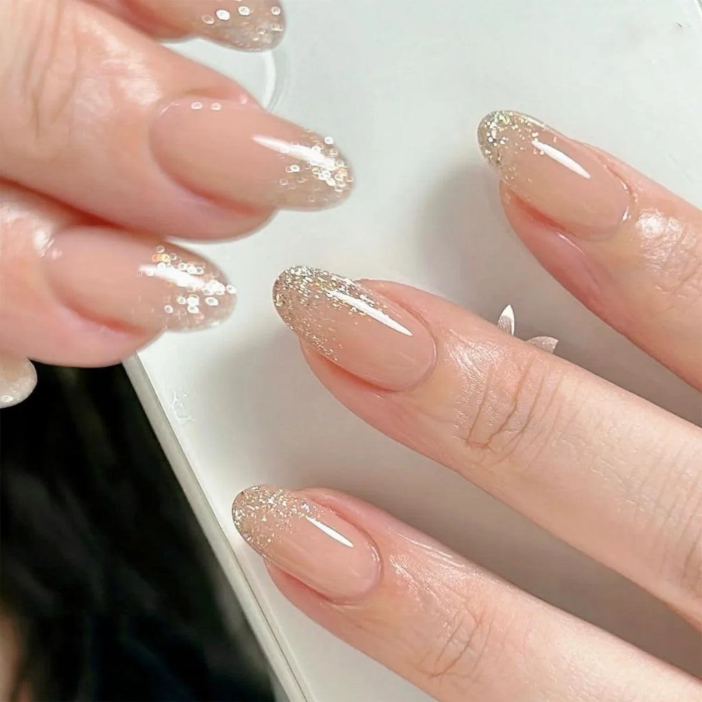 Dropshipping 24 Pcs 3584 Nude Pure Desire Style Gold Glitter Gradient Short Almond Nails Press on Nails Artificial Fingernails