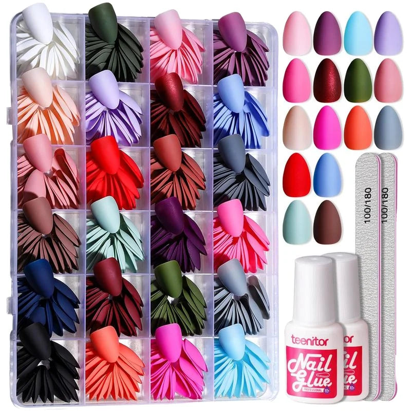 24 Pieces of Wearable Almond Acrylic False Nails in 24 Solid Colors Glossy & Matte Nail Art Supplements Autumn Winter
