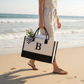 Personalized Initial Canvas Beach Letter Zipper Closure Summer Gift Tote Bag with Monogrammed Embroidery