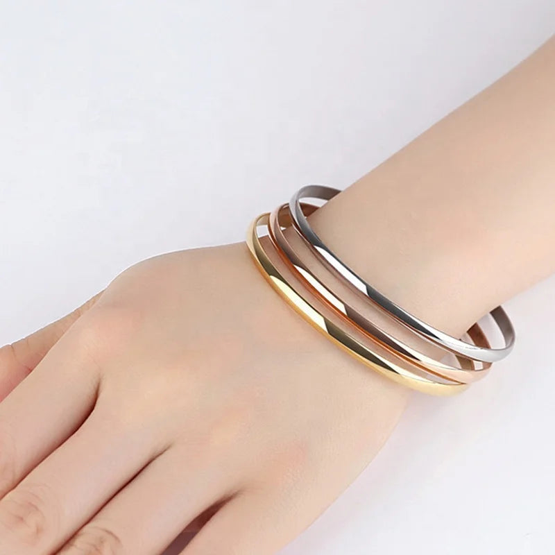 2/3mm Thick Round Bangle & Bracelet 60mm 65mm Big Size Stainless Steel Gold Plated High Polish Smooth Bangle Bracelet for Women