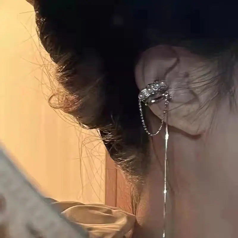 2022 Imitation Pearl Long Tassel Ear Cuff Earring Zircon C Shape Ear Clips No Piercing Earrings Design Beads Earclip Jewelry
