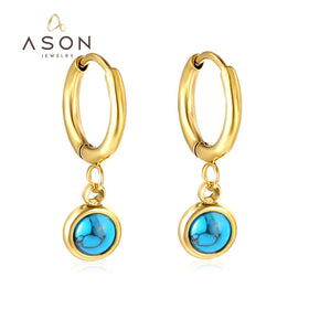 Ason Fashion Stainless Steel Jewelry Drop Huggie Earrings 18k Gold Plated Eardrop Round Blue Turquoise Hoop Earrings for Women