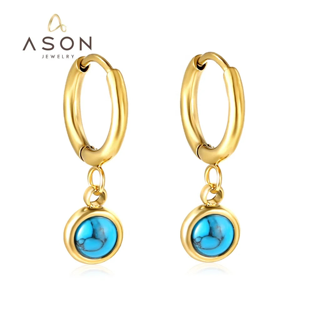 Ason Fashion Stainless Steel Jewelry Drop Huggie Earrings 18k Gold Plated Eardrop Round Blue Turquoise Hoop Earrings for Women MegaBDM