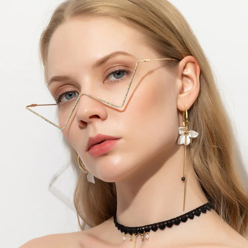 STORY BLS2057 Personality Stylish Crystal Women Sunglasses Lensless Metal Diamond Glasses Female Wave V-shaped Frame