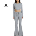 Customize Women Long Sleeve Crop Top Ribbed Yoga T-Shirts Flare Pants Set Fitness Sports Ladies Sportswear Legging Suit