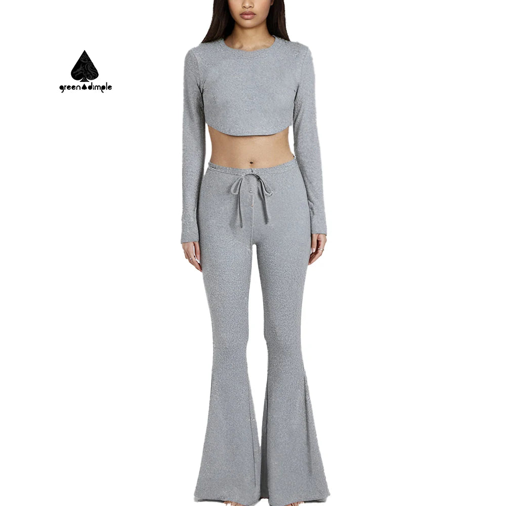Customize Women Long Sleeve Crop Top Ribbed Yoga T-Shirts Flare Pants Set Fitness Sports Ladies Sportswear Legging Suit
