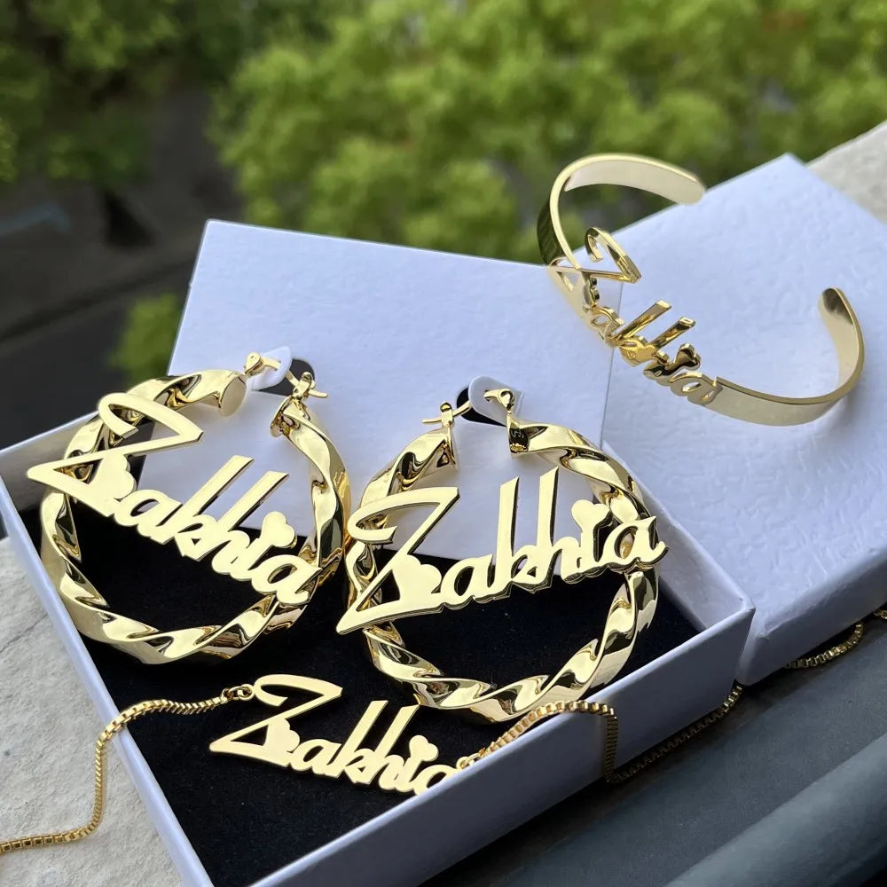 QIUHAN Personalized Dainty Name Necklace Earrings for Adult Custom Nameplate Jewelry Set