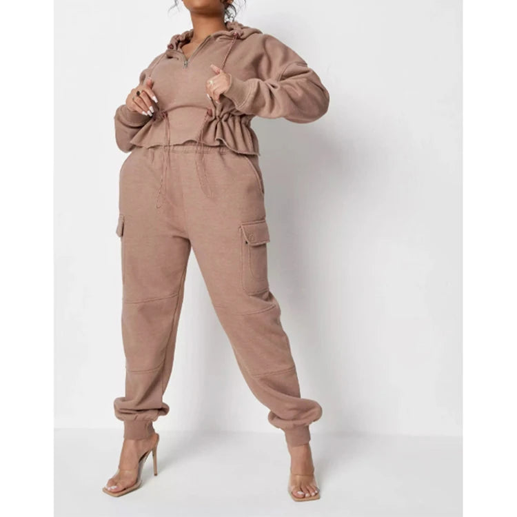 K210352 2025 Fall Cotton Fleece Oversize Pullover Half Zipper Plus Size Hoodie Sets  Woman Custom Logo Jogger Suit Tracksuit Set