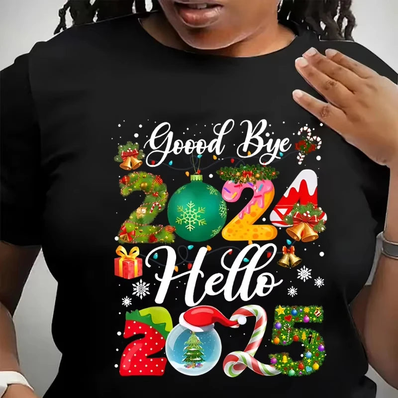 Loose-Fit Unisex Plus Size O-Neck T-Shirt Breathable Knitted Heat Transfer Printing Casual 'Merry Christmas' 'Happy New Year'