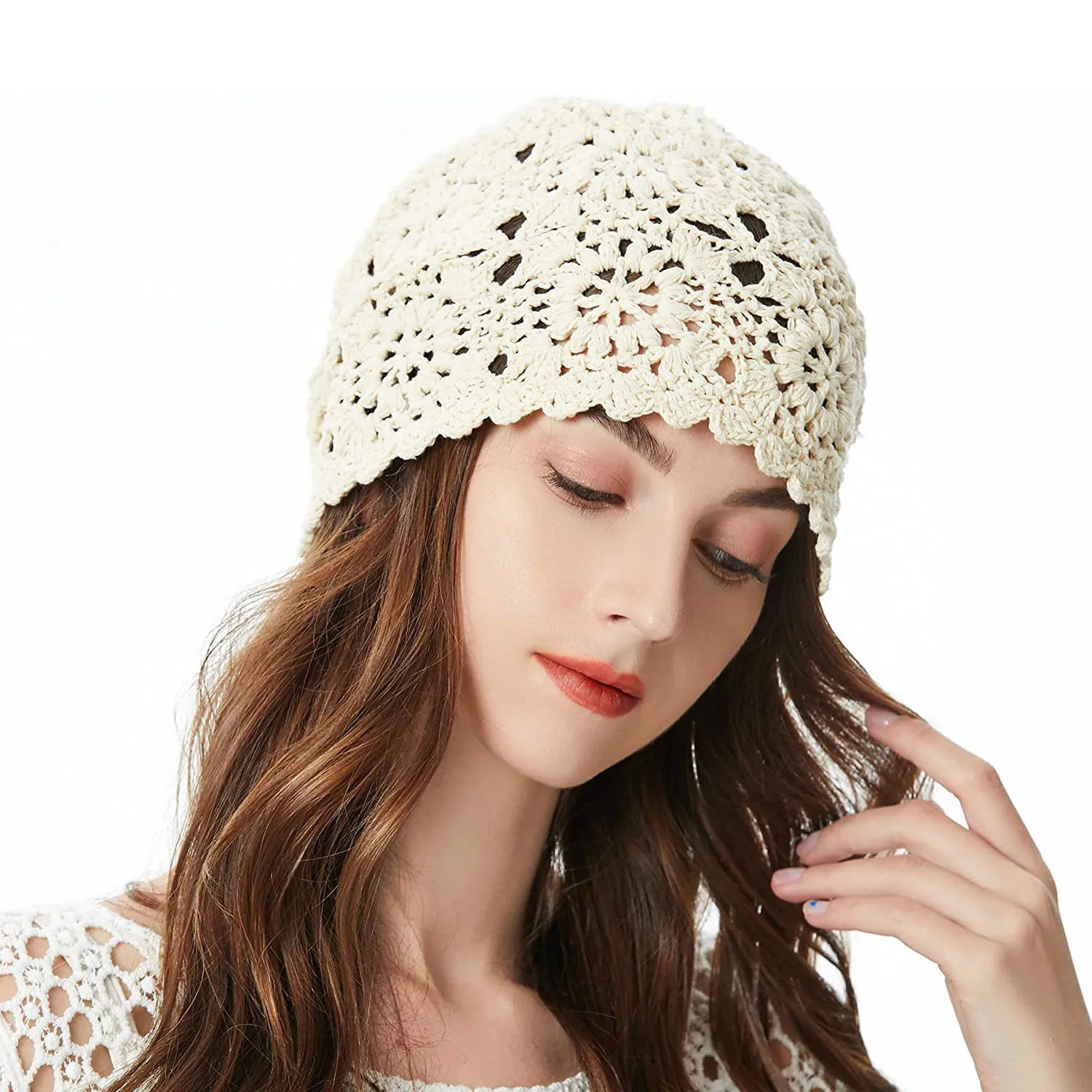 HZM-22310 Women Cotton Crochet Slouchy Beanie Hat Handmade Knit Cutout Summer Floral Skull Cap
