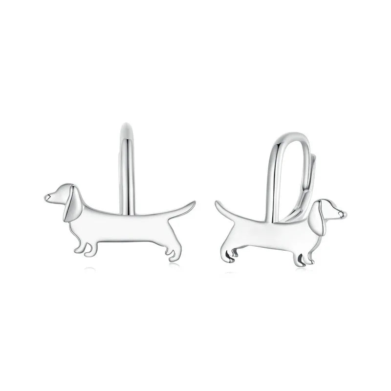 Animal Silver Jewelry Collection Cute Dachshund Ear Huggie Clips Girls 925 Sterling Silver Platinum Dog Hoop Earrings