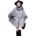 Women Winter Fashion Woolen Coat with Belt Soft Faux Fur Trim Shawls Big Size Warm Fur Pullover Cloaks