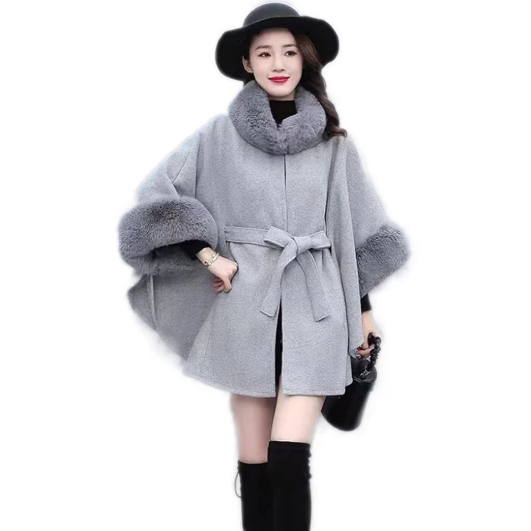 Women Winter Fashion Woolen Coat with Belt Soft Faux Fur Trim Shawls Big Size Warm Fur Pullover Cloaks