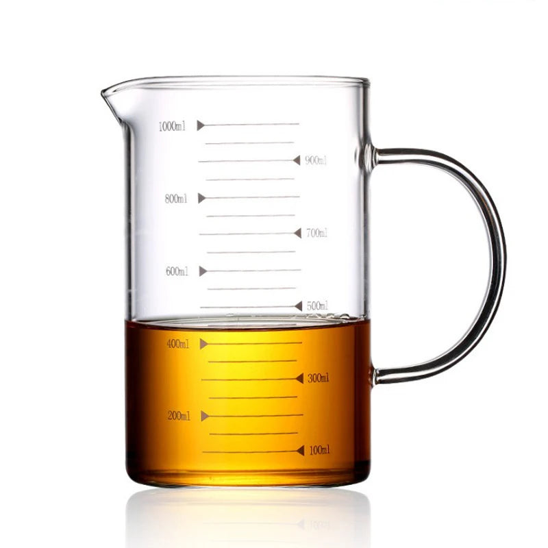 1L Eco-Friendly Lead Free BPA Free Dishwasher Safe OEM Logo Handmade Measuring Cups Glass Beaker with Handle and Bamboo Lid