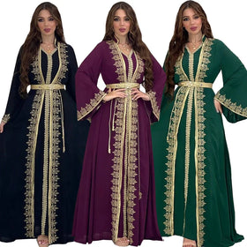 Elegant Luxury 2 Piece Gold Embroidered Sequin Chiffon Abaya Set Dubai Kaftan with Inner Dress Belt for Ramadan Eid Party Events
