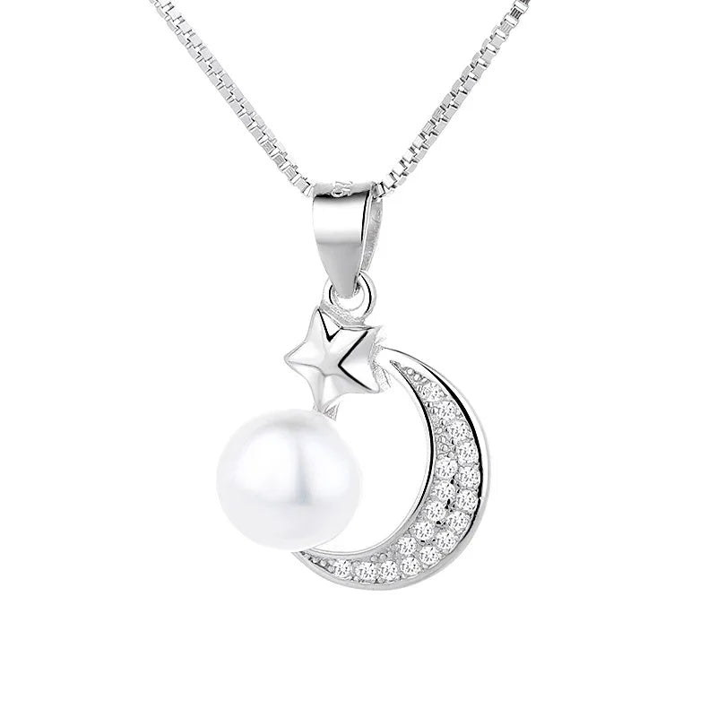 Fine 925 Sterling Silver Moon and Star Pendant Women Fashion Simple Freshwater Pearl Necklace for Gift