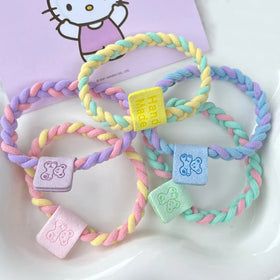 Pastel Two Colors Braided Elastic Hair Bands with Bear Label for Women Hair Scrunchies Kids Thick Hair Ties Ponytail Holders