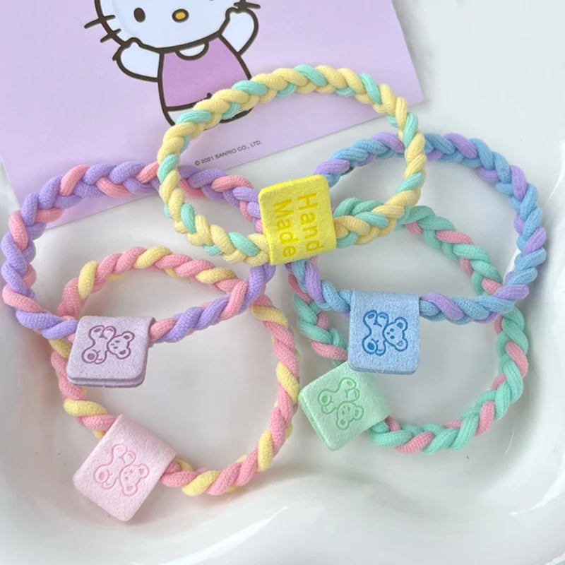 Pastel Two Colors Braided Elastic Hair Bands with Bear Label for Women Hair Scrunchies Kids Thick Hair Ties Ponytail Holders