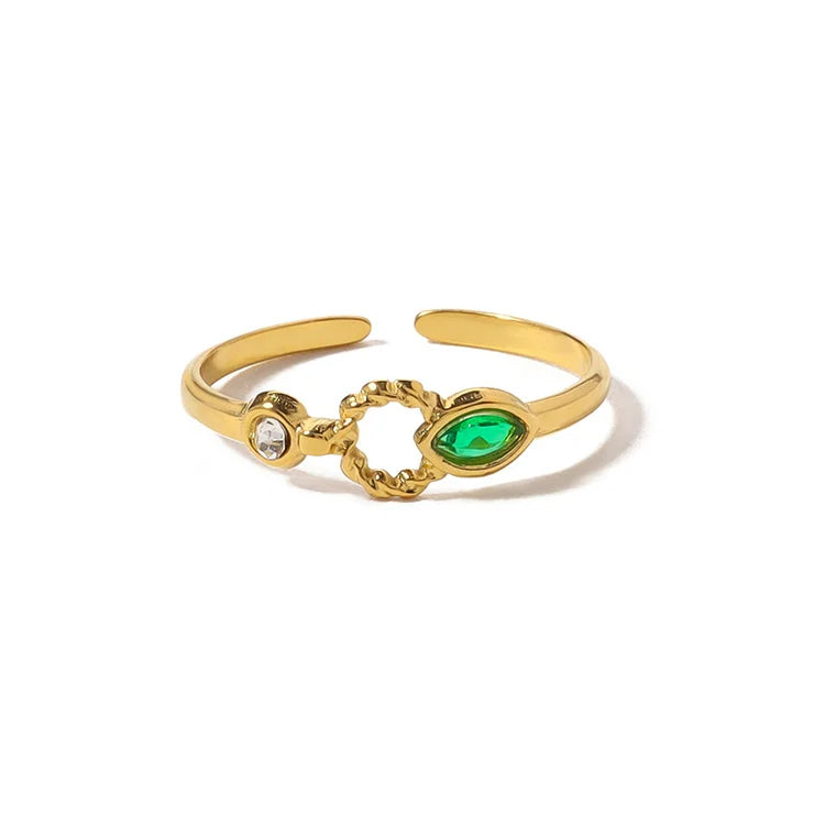 Popular Stainless Steel Hollow Rings Adjustable Green Zircon Charm Rings for Women