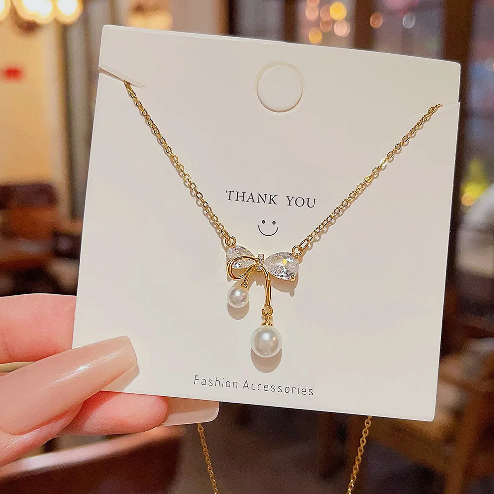 Wholesale Minimalist 2024 New Trend Fine Jewelry 18K Gold Plated Sparkle Bow Necklace Stainless Steel Waterproof for Girl