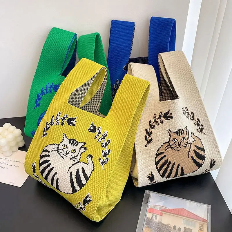 Custom Hand Knitting Crossbody Shoulder Bag Cat Pattern Bag Back Crochet Purses and Handbags for Women